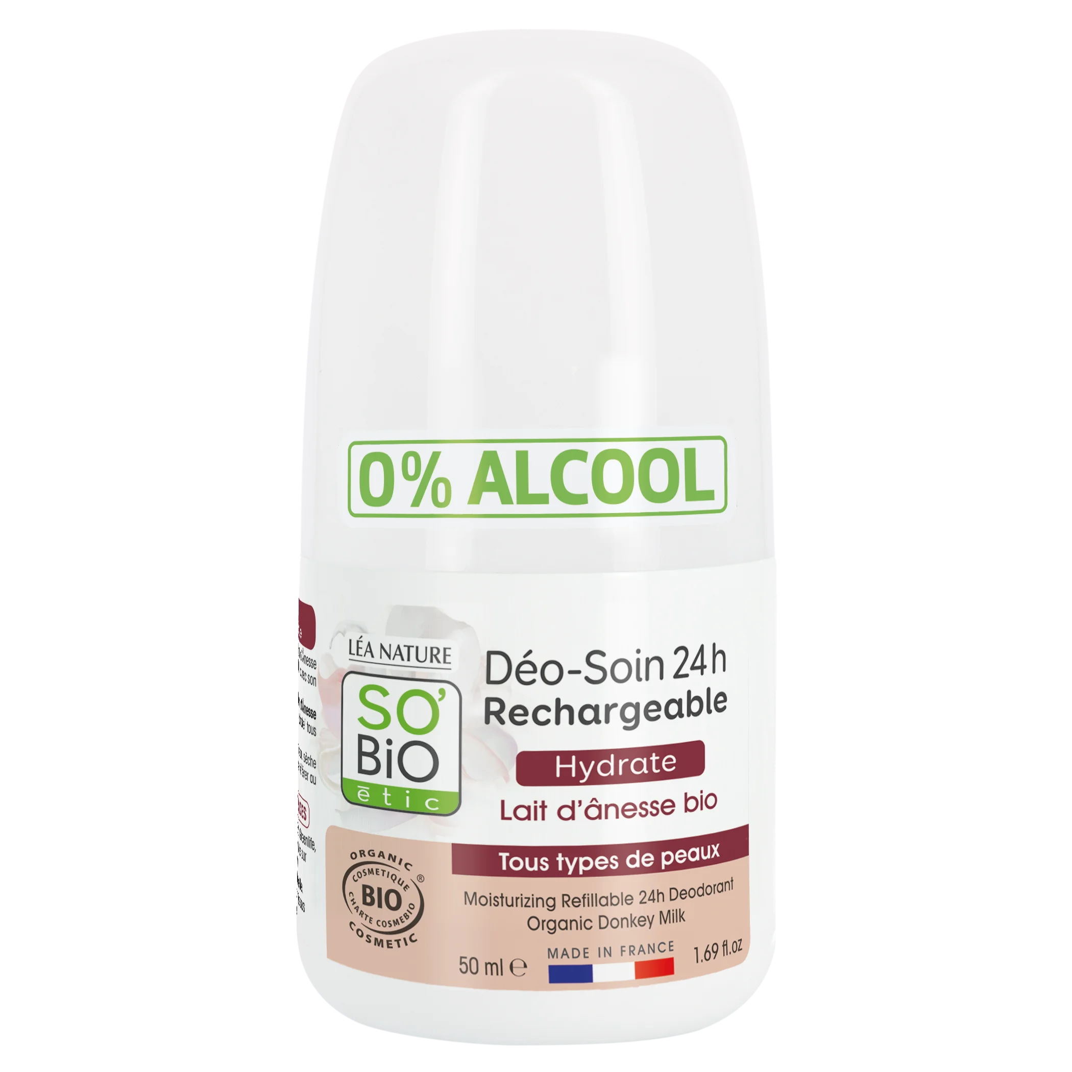 SO’BiO étic Dezodorant roll-on 24h hydratačný s oslím mliekom - znovu naplniteľný BIO (50 ml) - aj pre citlivú pokožku