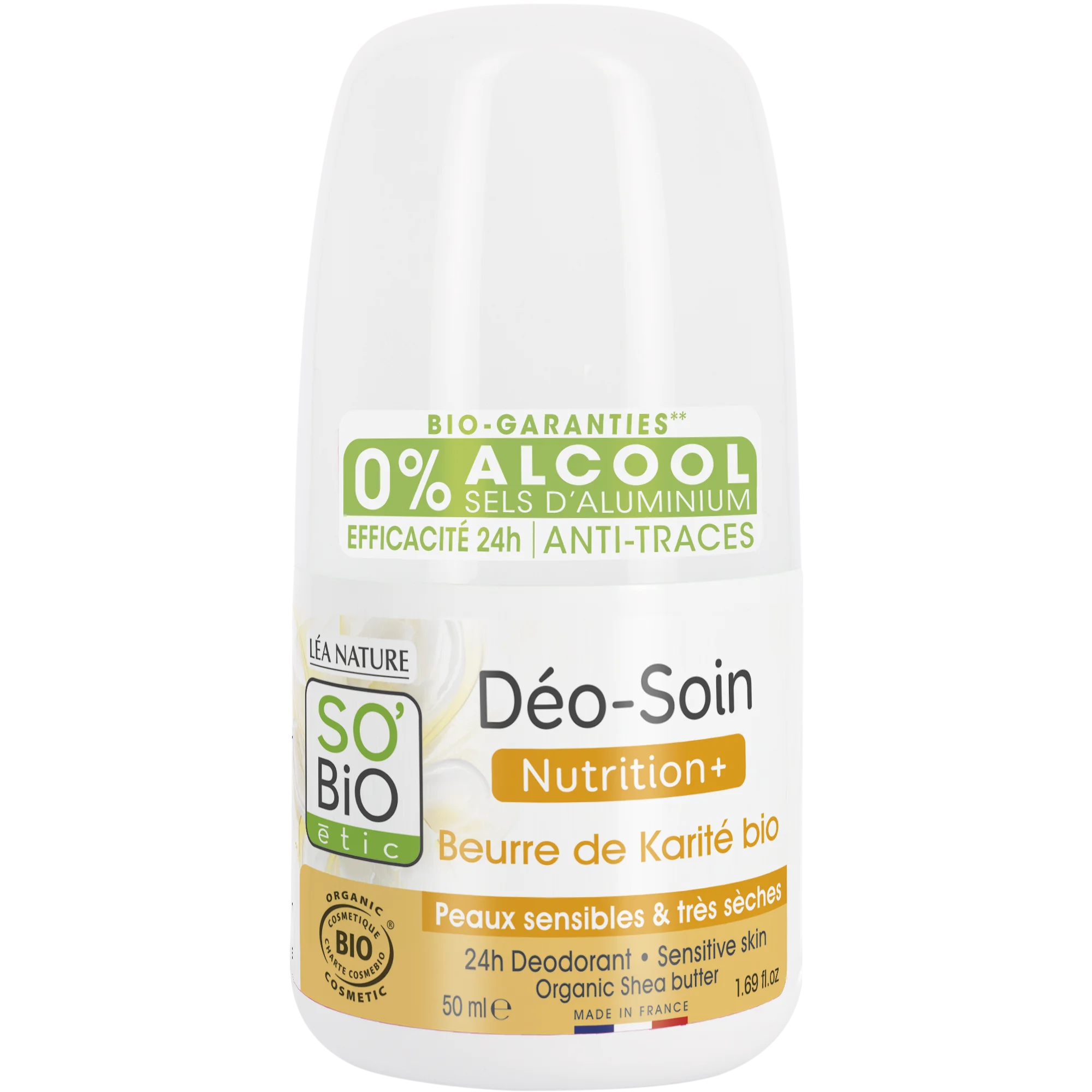 SO’BiO étic Dezodorant roll-on 24h Nutrition+ s BIO karité (50 ml) - účinný až 24 hodín