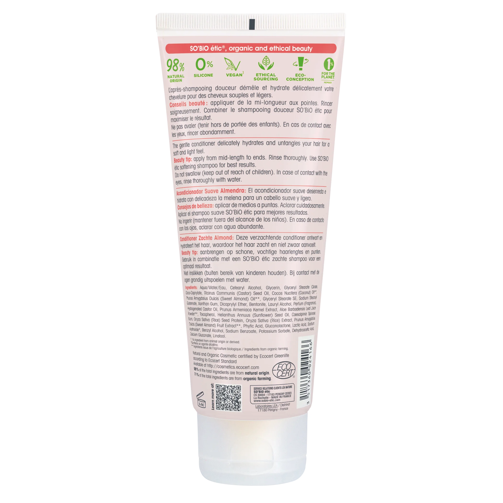 SO’BiO étic Vlasový kondicionér s mandľovým mliekom a ryžovými proteínmi BIO (200 ml) - pre všetky typy vlasov