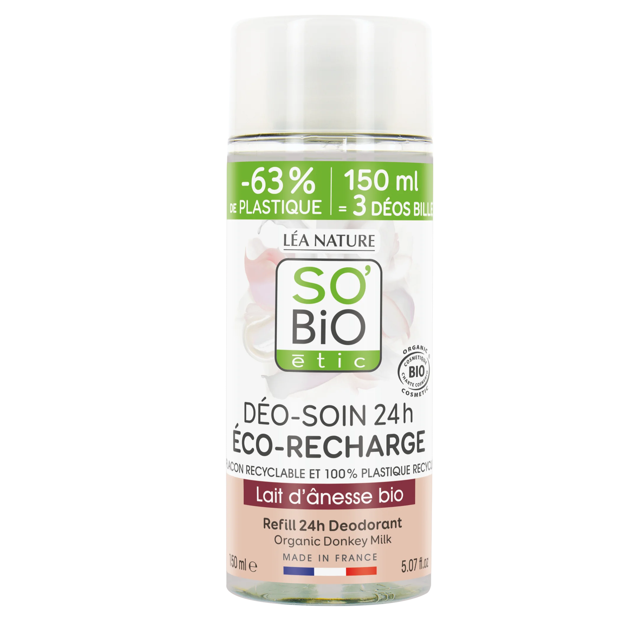 SO’BiO étic Náplň do 24 h hydratačného roll-on dezodorantu s BIO oslím mliekom (150 ml) - jedna náplň nahradí tri roll-ony
