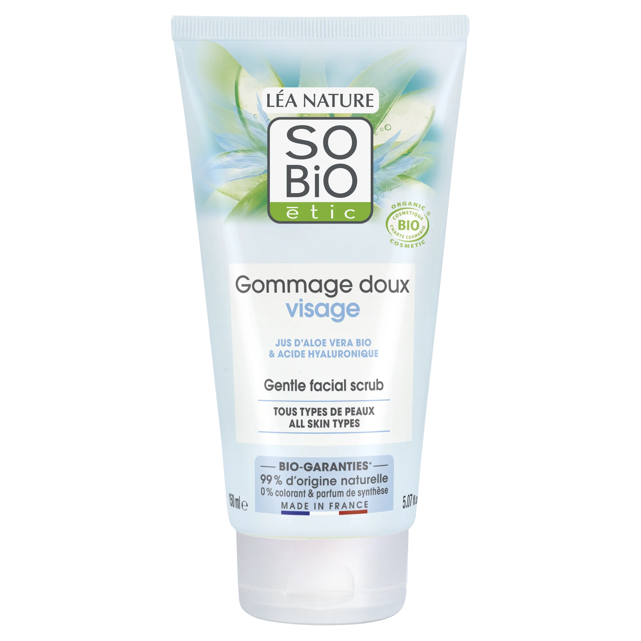 SO’BiO étic Jemný peeling na časté použitie Aloe vera hydratačný BIO (150 ml) - s kyselinou hyalurónovou