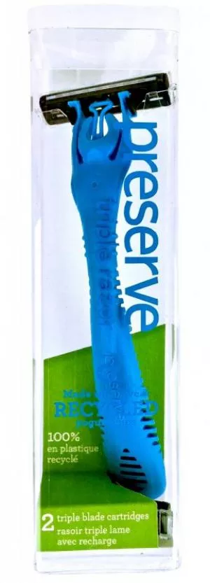 Preserve Trojitý holiaci strojček (vrátane 2 hláv) - modrý - s 3 čepeľami, vyrobený z recyklovaného plastu